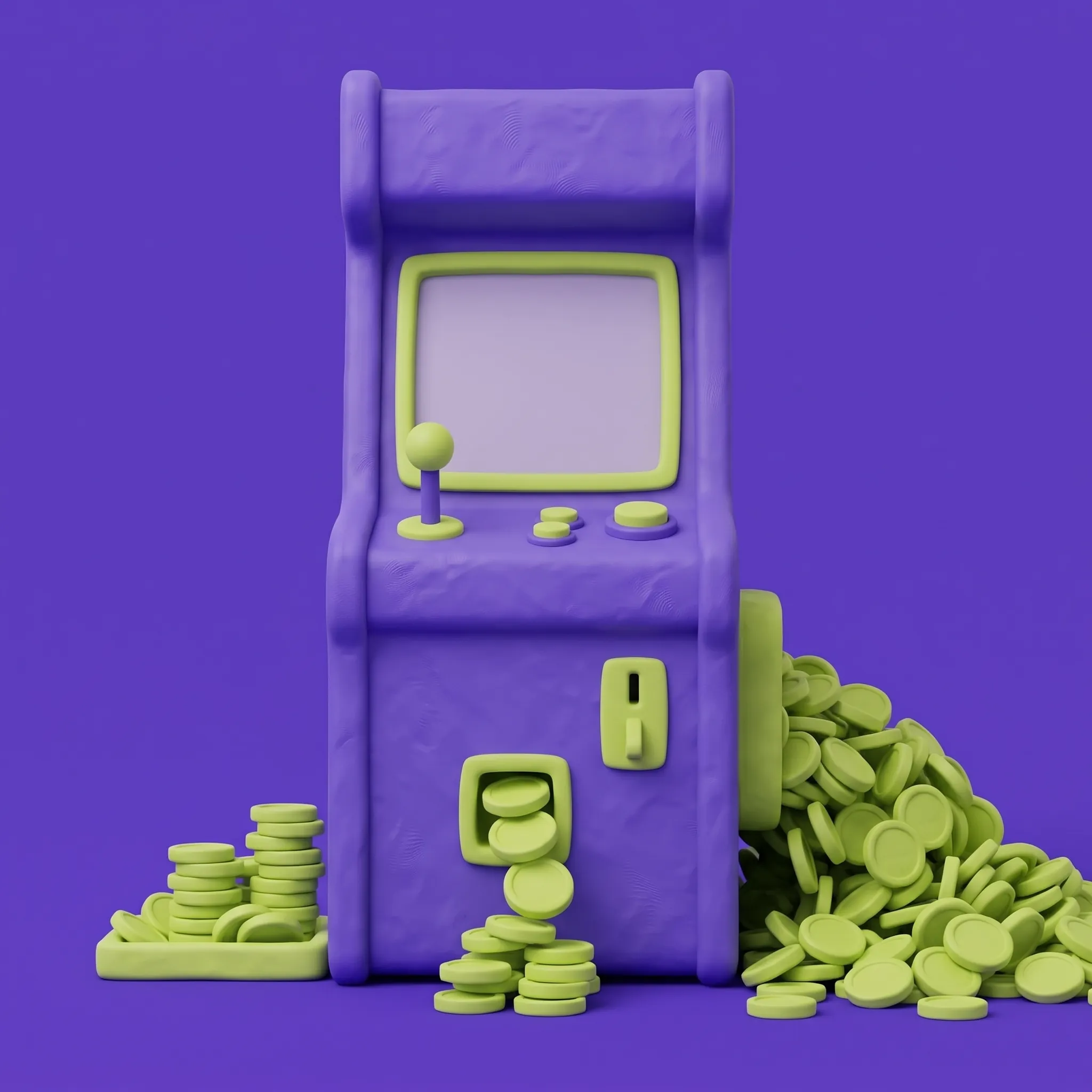 The clay coin machine as an arcade cabinet, a few coins from the narrow chute and a big pile from the wide one